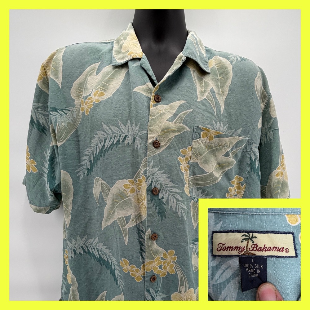 Tommy Bahama Men's Large Blue Floral 100% Silk Short Sleeve Shirt Original‎ Fit